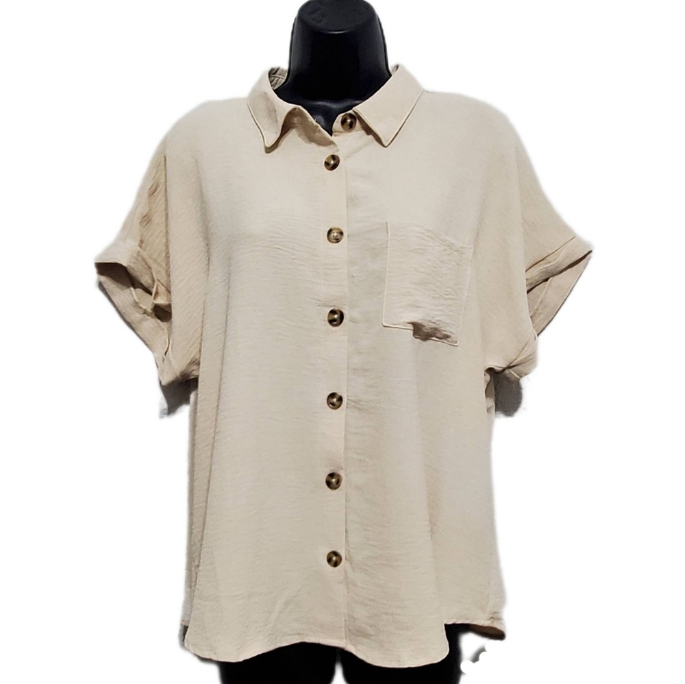 2/$30 Fred David Women's Casual Beige Short Sleeve Button-Up Shirt Size Large